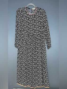 Boden Dress Womens 10P Black Floral Long Sleeve Jersey Midi Fit & Flare Petite